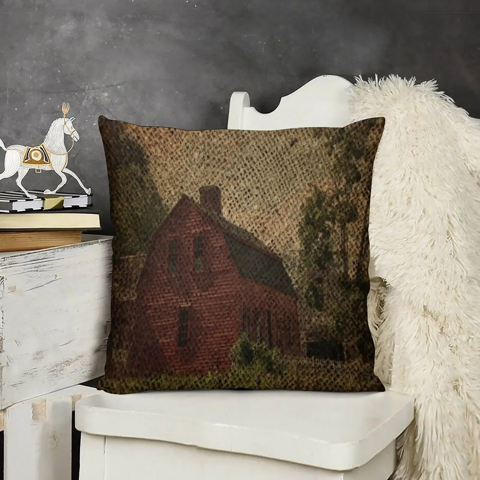 

primitive western country rustic burlap farm red barn Throw Pillow Pillowcases For Pillows Custom Cushion Photo pillow