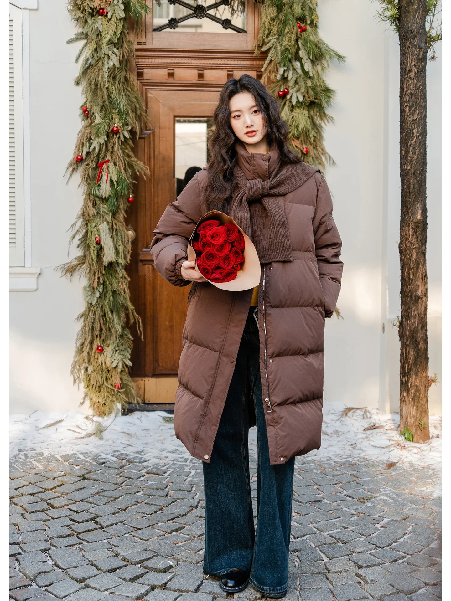 

Red Thiened down Jaet Women's Winter Warm Bread Sle Coat Medium Length ort Sle Pure Color Commute Vintage Zipper
