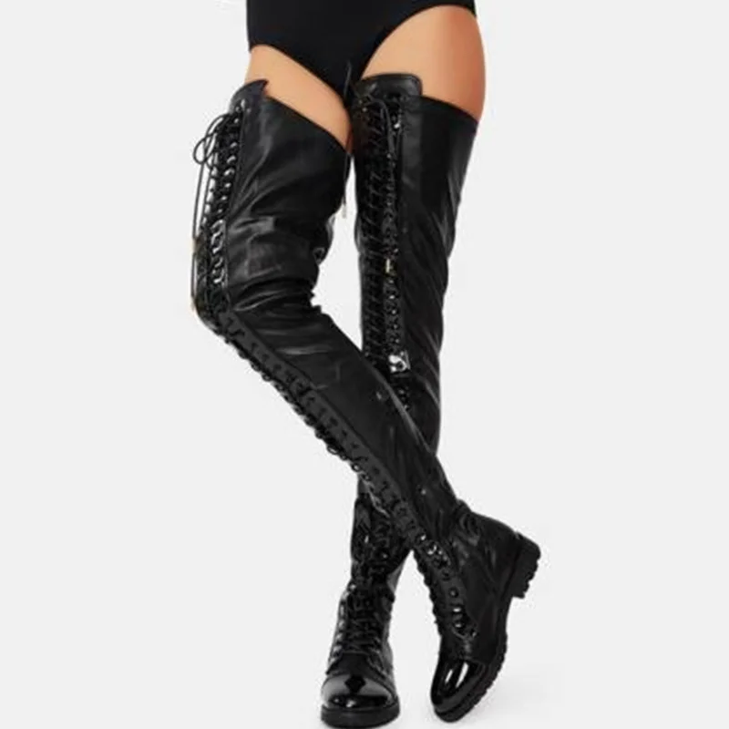 Size 46 Lace-up Over The Knee Boots Low Heels Women Shoes 2024 Autumn Winter Pu Leather Punk Boots Lady Shoes