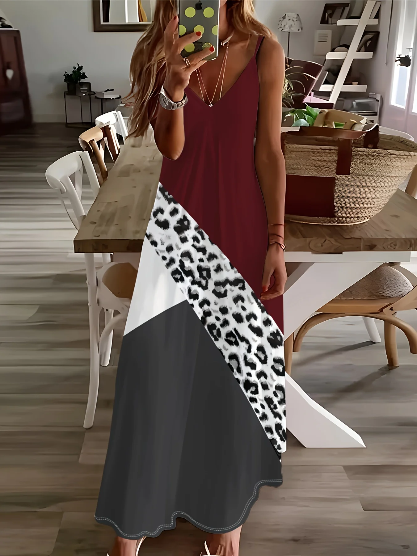 Printed Design Casual Contrasting Color Snow Leopard Print Slant Slip Dress