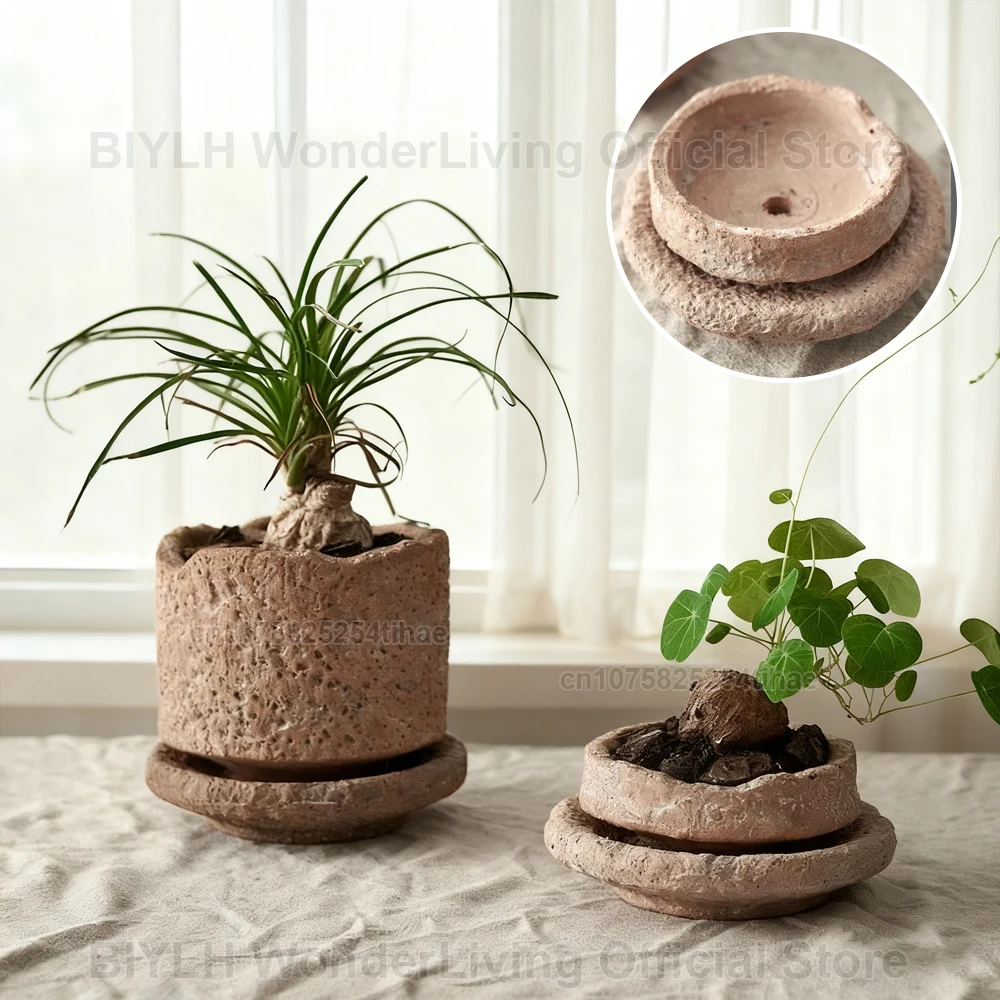 

Retro Gardening Small Flowerpot Home Decoration Handmade Ceramic Terracotta Pot Hammered Basin with Tray Succulent Planting