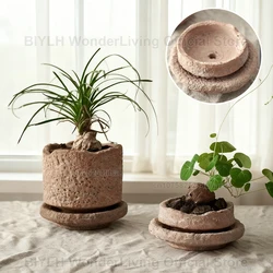 Retro Gardening Small Flowerpot Home Decoration Handmade Ceramic Terracotta Pot Hammered Basin with Tray Succulent Planting
