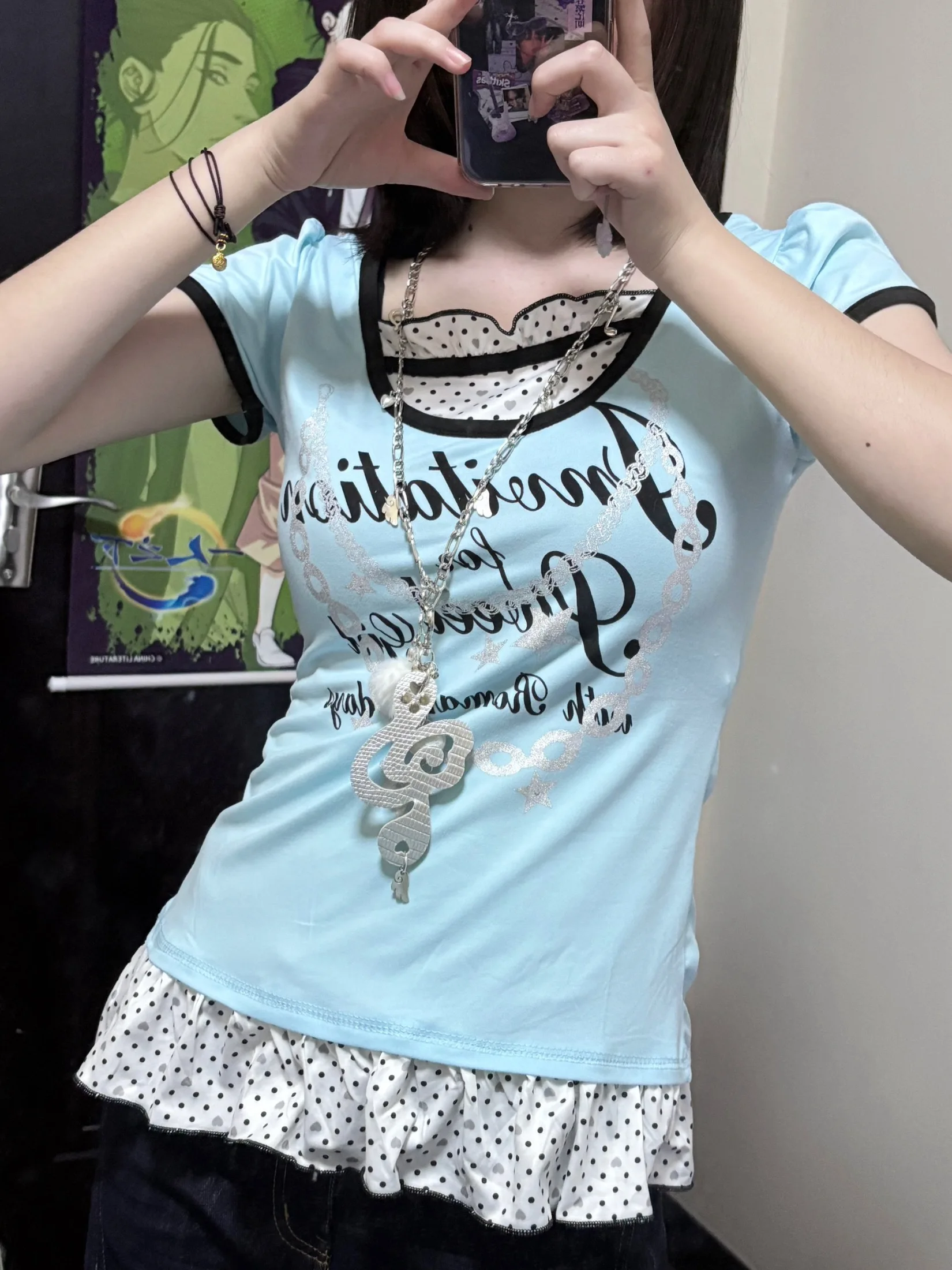 Y2k Millennium spicy girl Retro polka dot Frill Slim fit Sweet Spicy fake two pieces Vintage Girly short sleeve Top T-shirts emo
