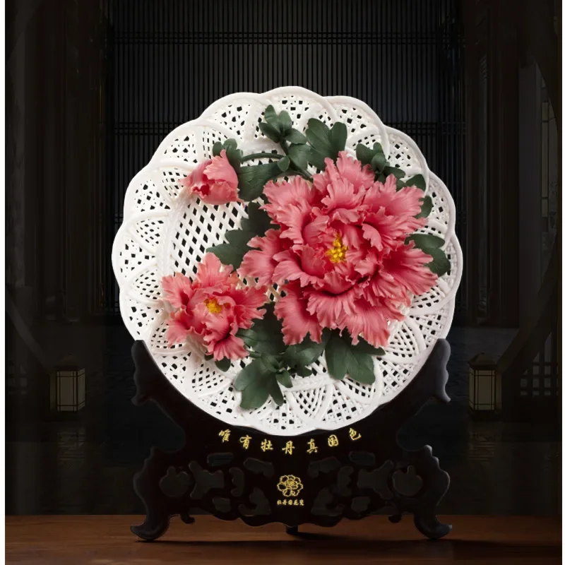 

Ceramic Hanging Disk Relief Peony Small Ornaments Hollow Out Design Craft Artworks Wine Cabinet Decorations For Living Room