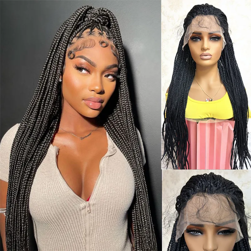 100% Natural Braided Wigs Knotless Braided Wigs For Black Women Synthetic Box Braids Lace Front Wigs Small Box Square Hair Wigs