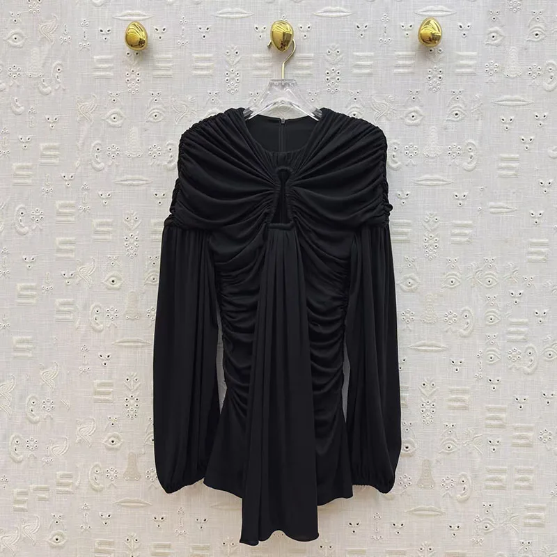 

Women's Pleated Long-Sleeve Blouse, Wrap-Shoulder Lace-Up Top, Round-Neck Fitted Shirt, Fashionable Versatile Shirt, 2025, New