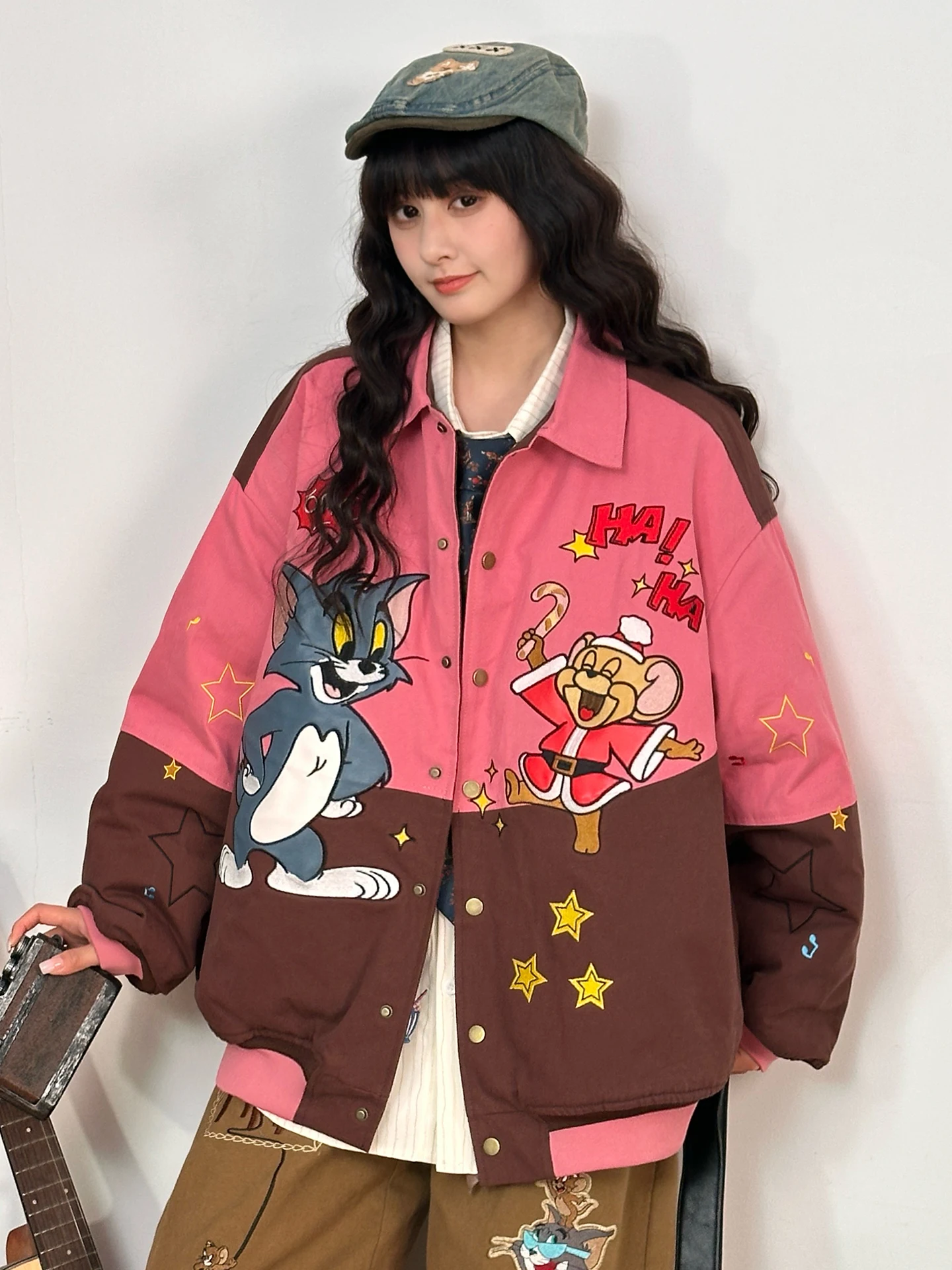 

Original American Retro Cartoon Embroidery Loose Collar Cotton Jaet Women's Winter Thiened Outerwear Street Sle Long Sl...