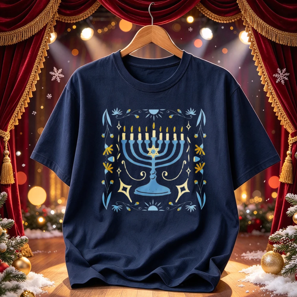 Vintage Folk Art Hanukkah Menorah Star of David Floral Border Graphic Print Artistic Jewish Festival of Lights Holiday T-Shirt