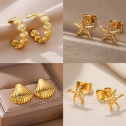 Stainless Steel Minimalist Starfish Shell Stud Earrings for Women Gold Color Aesthetic Wedding Earring Summer Beach Jewelry Gift