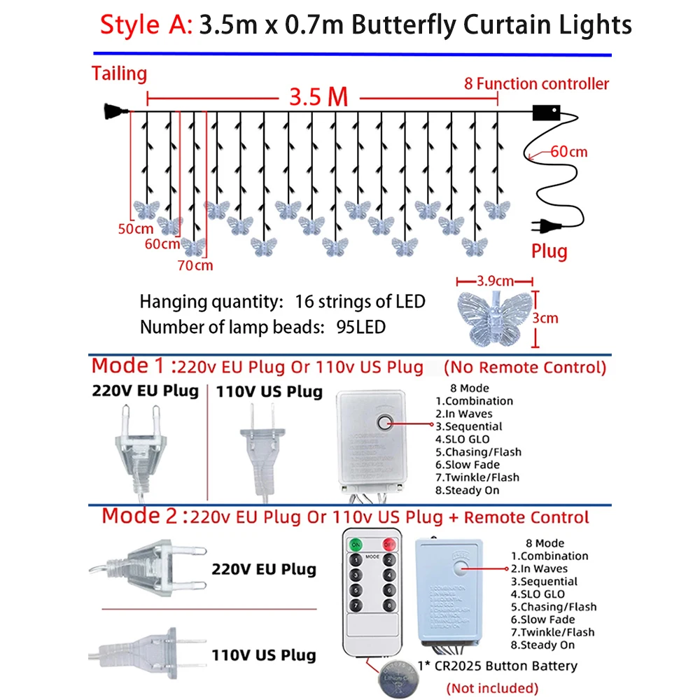 220V/110V Purple Pink Fairy Lights led Curtain String Light Butterfly Garland Deco For Christmas Room Bedroom Wedding Decoration