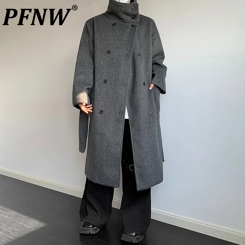 PFNW Korean Style Grey Double Breasted Woolen Coat For Men 2024 New Autumn Winter Fashion Knee-length Bleted Tweeds Coat 12C1239