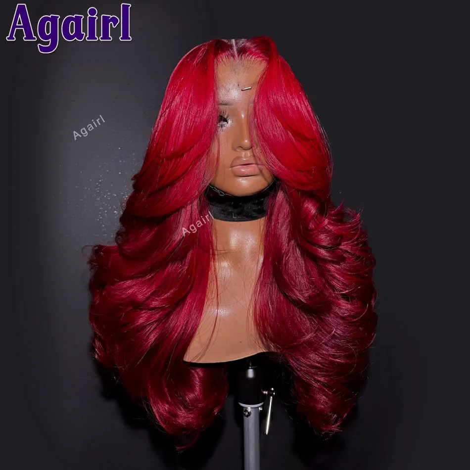 32Inch Cherry Red Brazilian Virgin Lace Front Human Hair Wig For Women 13X6 13x4 Body Wave Lace Frontal Wig 6X4 Colored Lace Wig