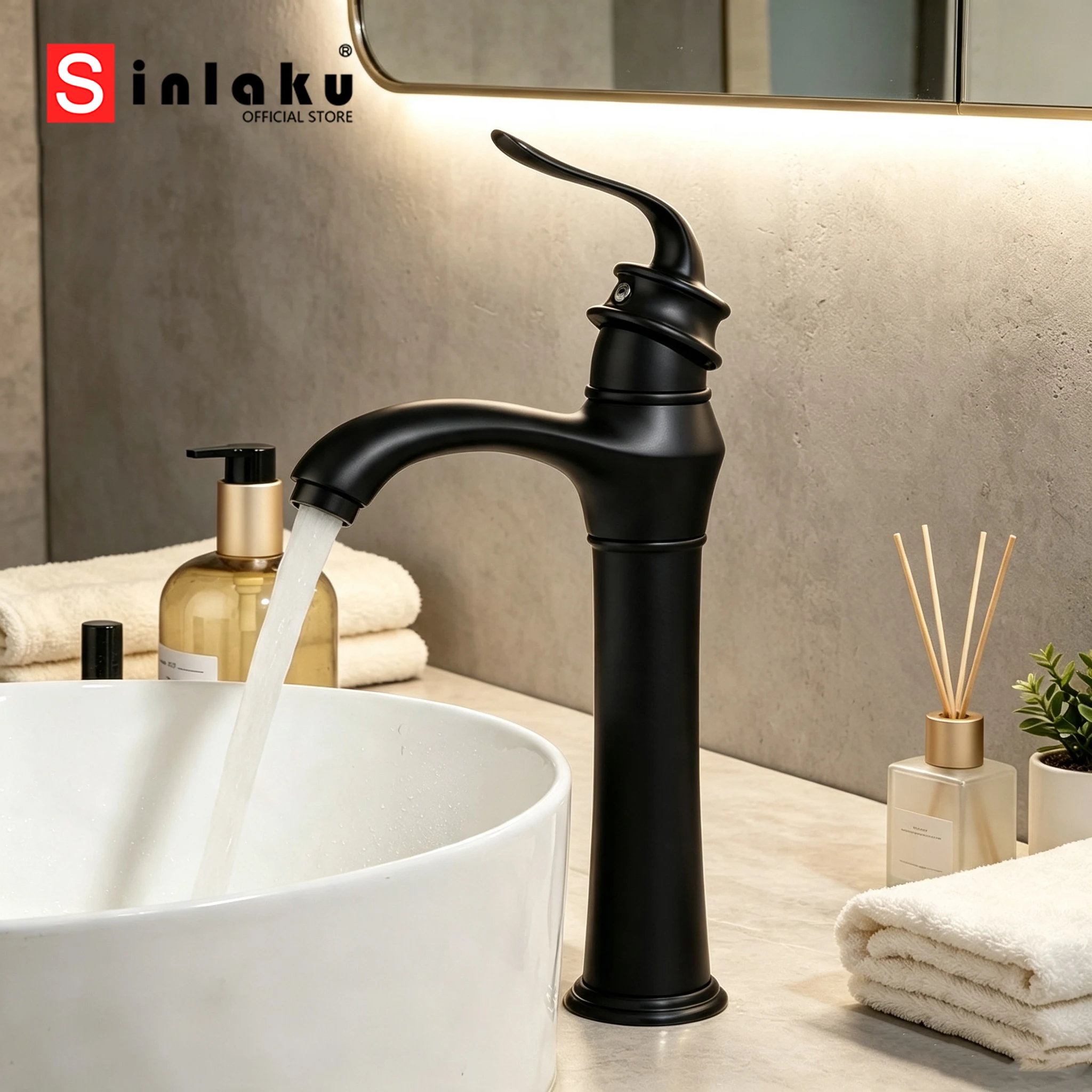 SINLAKU Luxury European Black Gold Antique Brass Bathroom Basin Textured Faucet Vessel Sink Hot Water Faucets Bath Mixer Tap
