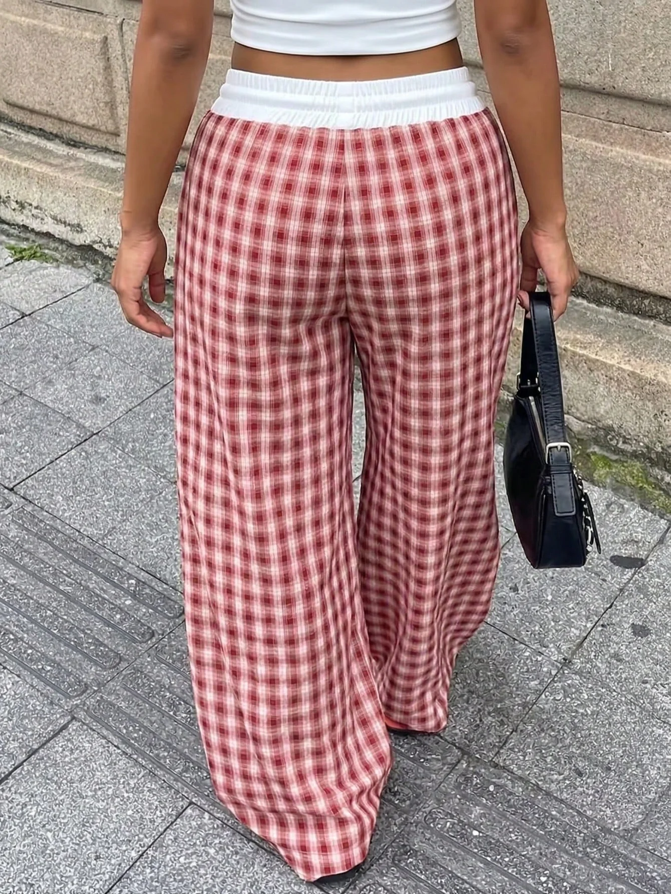 Women's Plaid Knit Wide-Leg Sweatpants with Houndstooth Pattern, Casual Knit Fabric with Pockets, Suitable for Home Wear and Can Be Worn in All Seasons