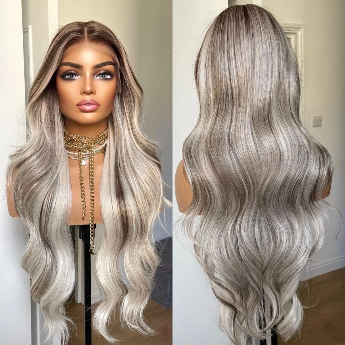 

Highlight Omber White Ash Blonde Wig Body Wave Synthetic Lace Front Wig Female Pre Plucked High Density Heat Resistant Fiber