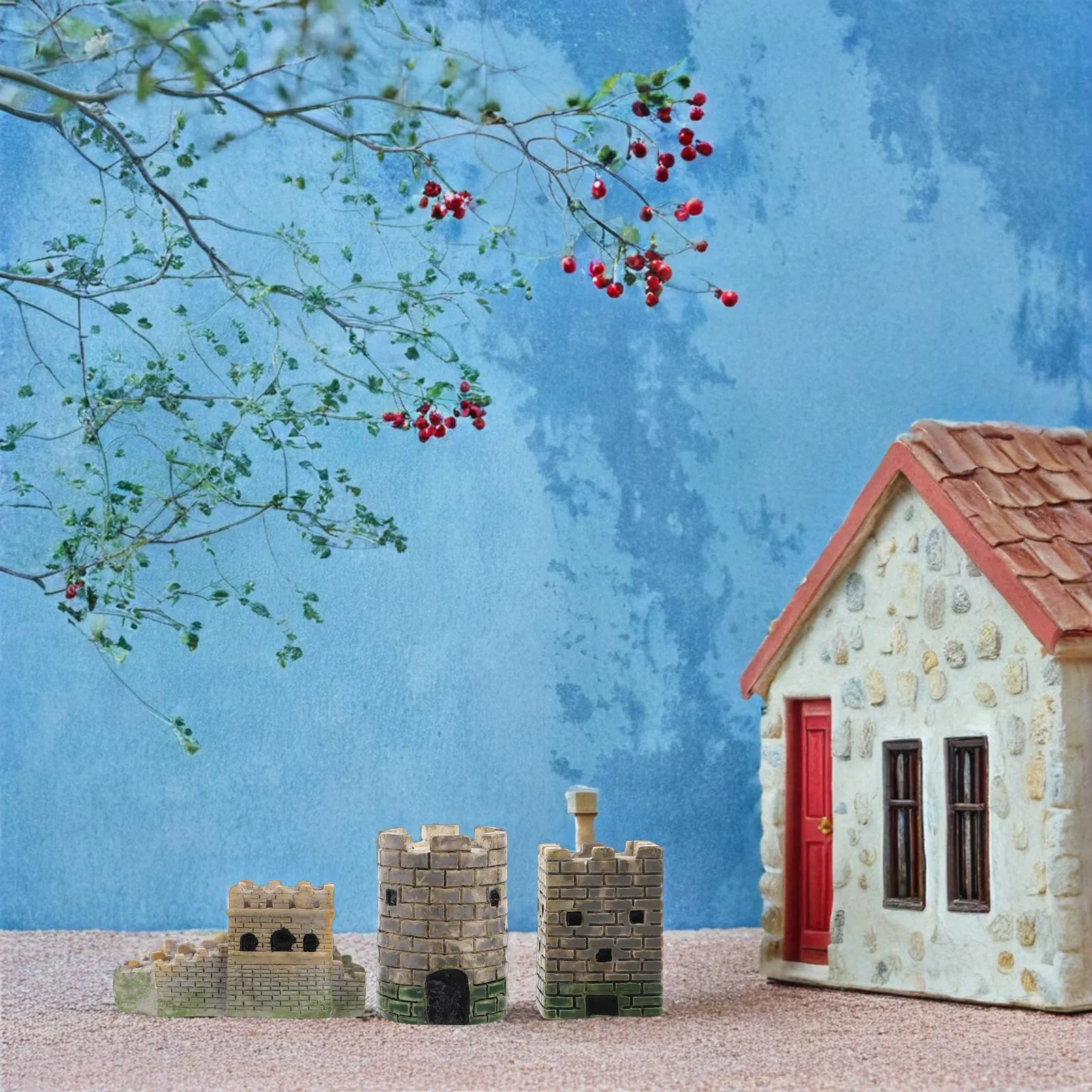 3Pcs Micro Landscape Architecture Set Vintage Round Fortress Square Castle China European Resin Sand Table Decor for Display view 3