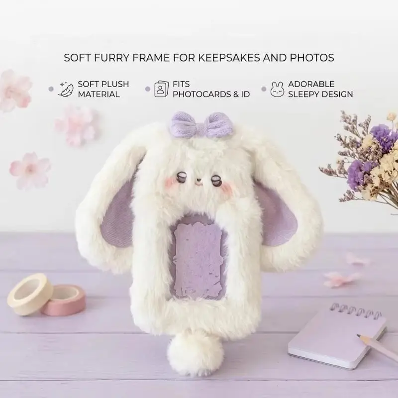1Pcs Cute Plush Rabbit Photocard Holder Soft Animal Design Cartoon Card Sleeve for Girls Backpack Pendant Decoration
