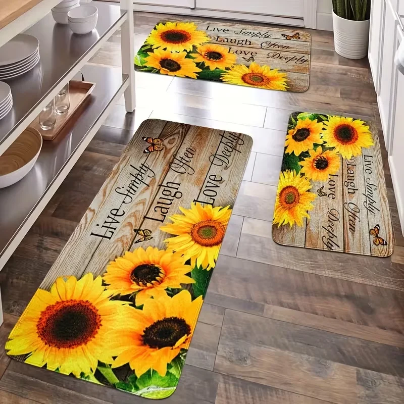 Spring Warm Sunflower and Butterfly Farmhouse Style Kitchen Mat Set for Bedroom, Living Room, Dining Room, Ultra-Long Aisle Mat