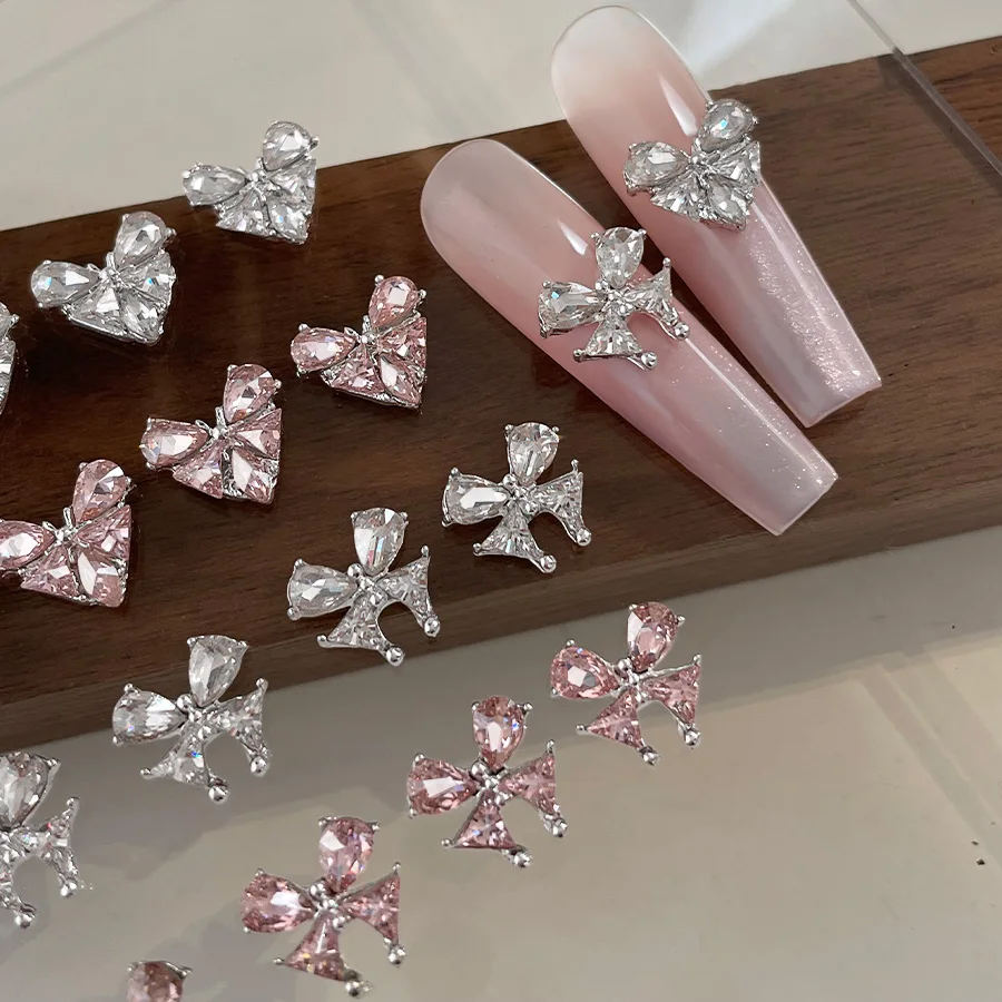 1/10PCS Sparkly Silver Pink Flat-Back Butterfly Zirconia Crystal Butterfly Heart Diamond Alloy Charms Nail Art Decorations