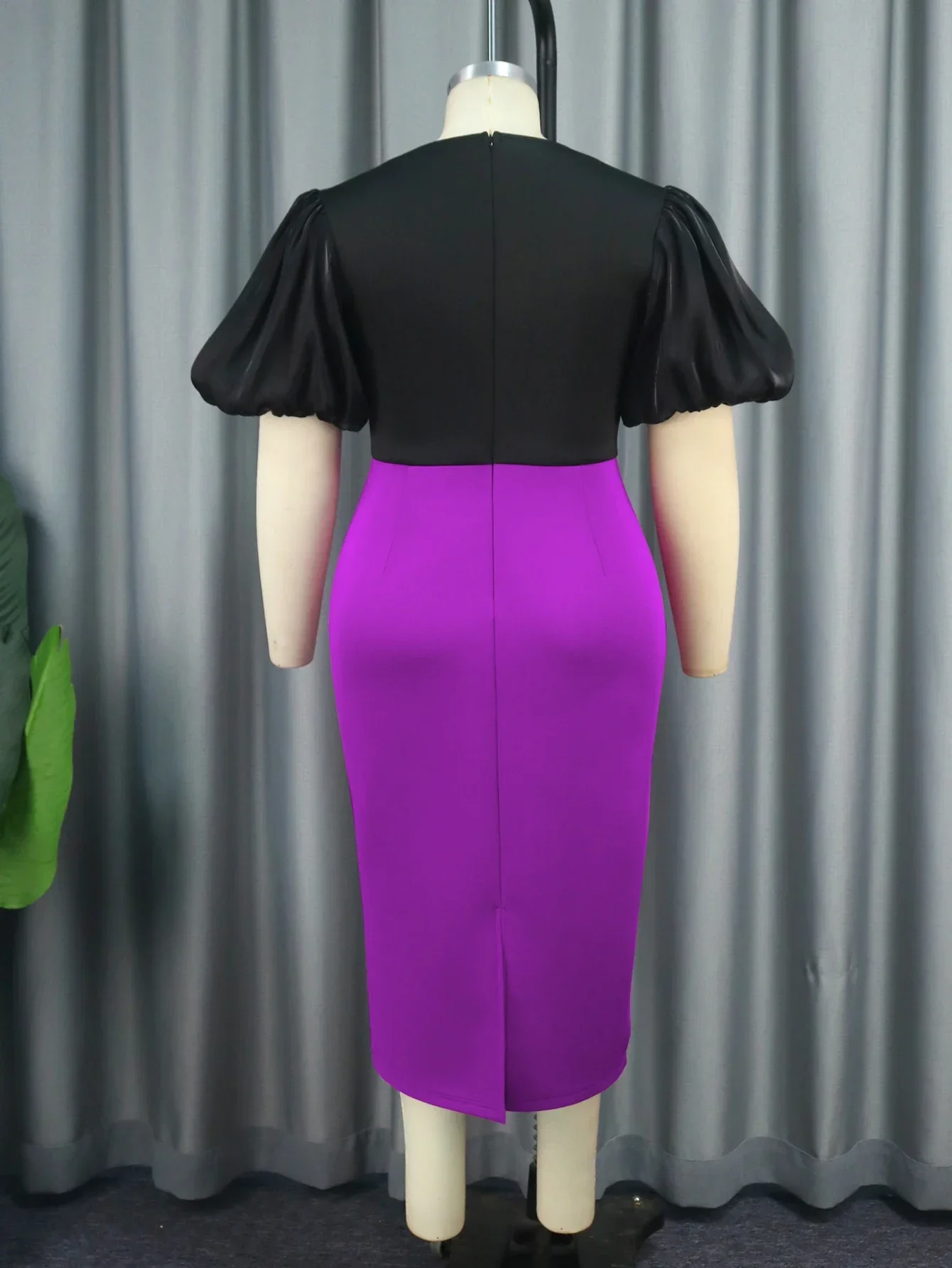 Black And Purple Patchwork Women Chic Sheath Party Dress Bodycon O Neck Lantern Sleeves Pencil Bodycon Office Lady Plus Size New