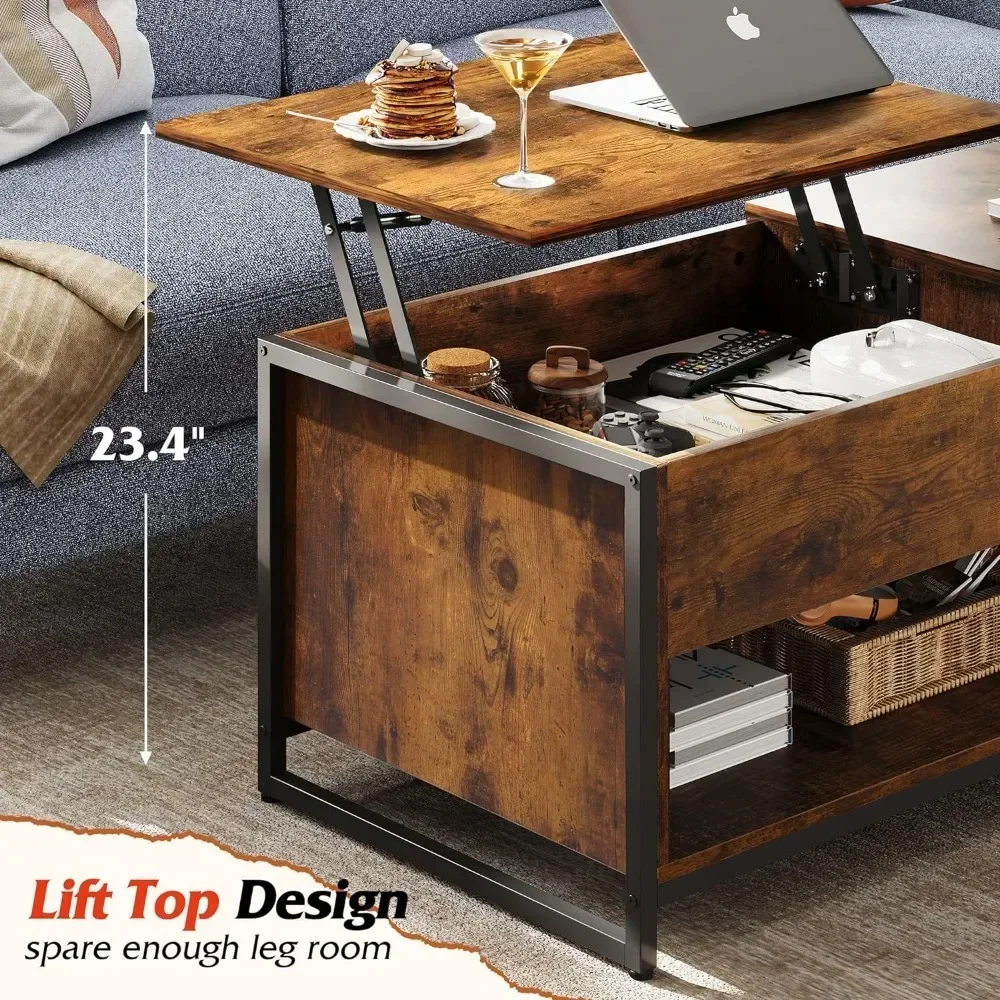 Lift Top Coffee Table with Storage, Hidden Compartment and Open Shelf, Living Room Tables with Metal Mesh Door Cabinet for Home