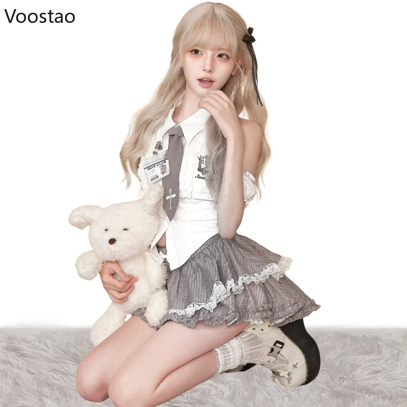 Kawaii Lolita Style 2 Piece Set Women Preppy Sweet White Shirt Tops Ruffle Mini Cake Skirt Suit Female Korean Gothic Y2k Outfits