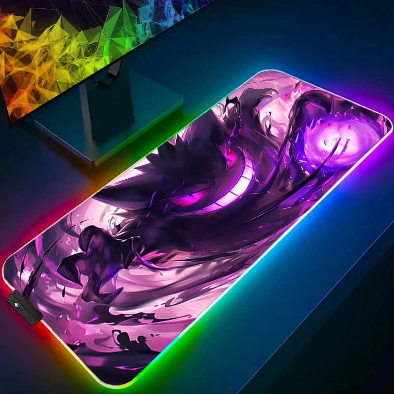 RGB Large Gaming Mouse Pad P-Pokemons Gengar Anime PC Computer Gamer Desk Mat Backlight HD Print Laptop LED Mousepad Backlight