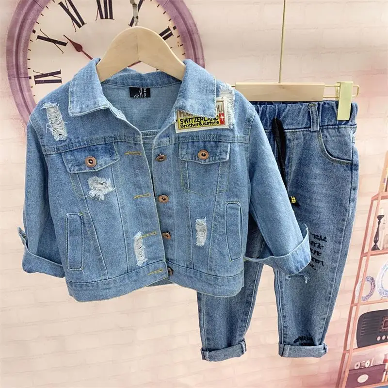 3Pcs/set Children\'s Spring Fall Clothing Boys Denim Jacket Girls T-shirts Hooded Sweatshirt+Denim Jacket + Jean Pant Kids Suits