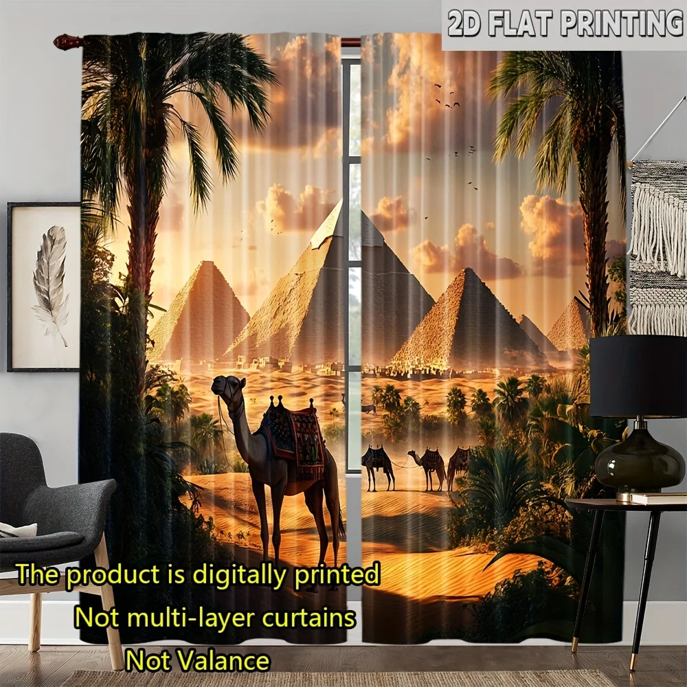 2 Panels Egypt Desert Pyramid Curtains Camel Palm Tree Art Decor for Living Room Bedroom Middle East Home Decorative Drapes