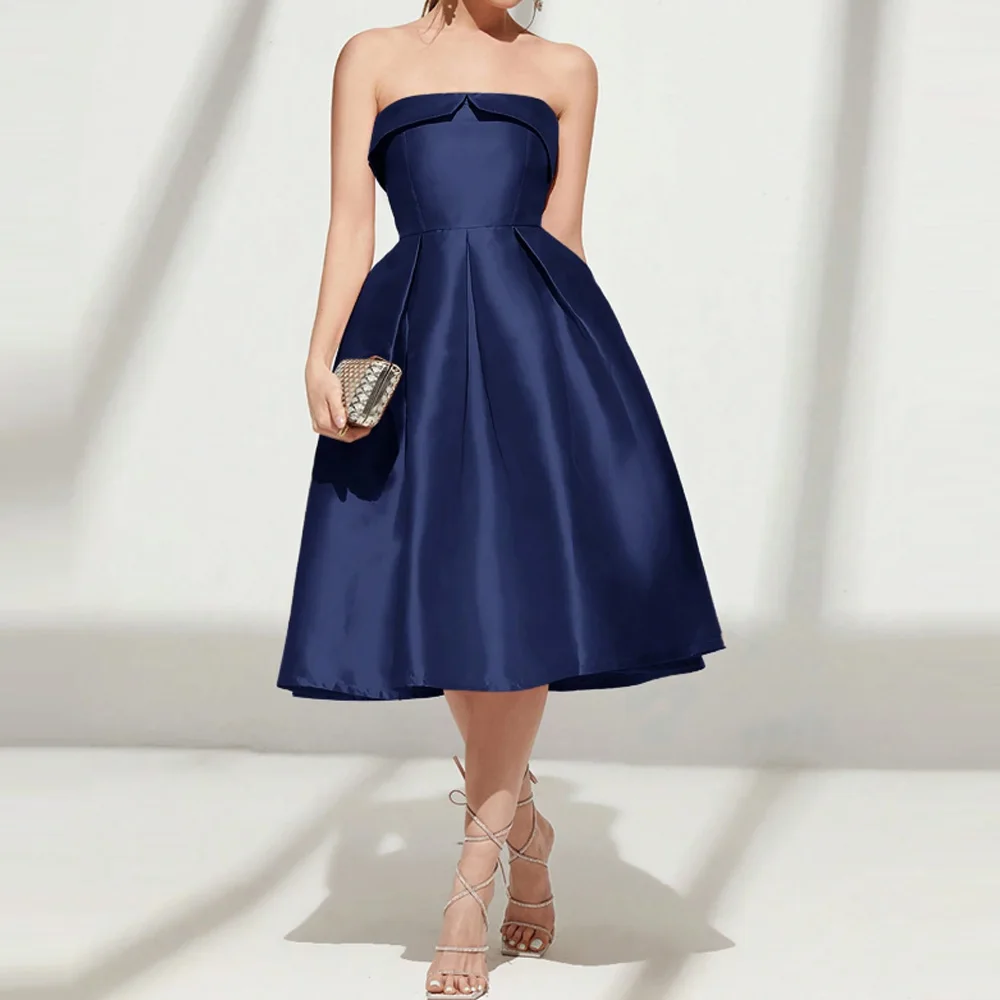 

Elegant A-Line sleeveless satin evening dress short tea length prom dresses customized