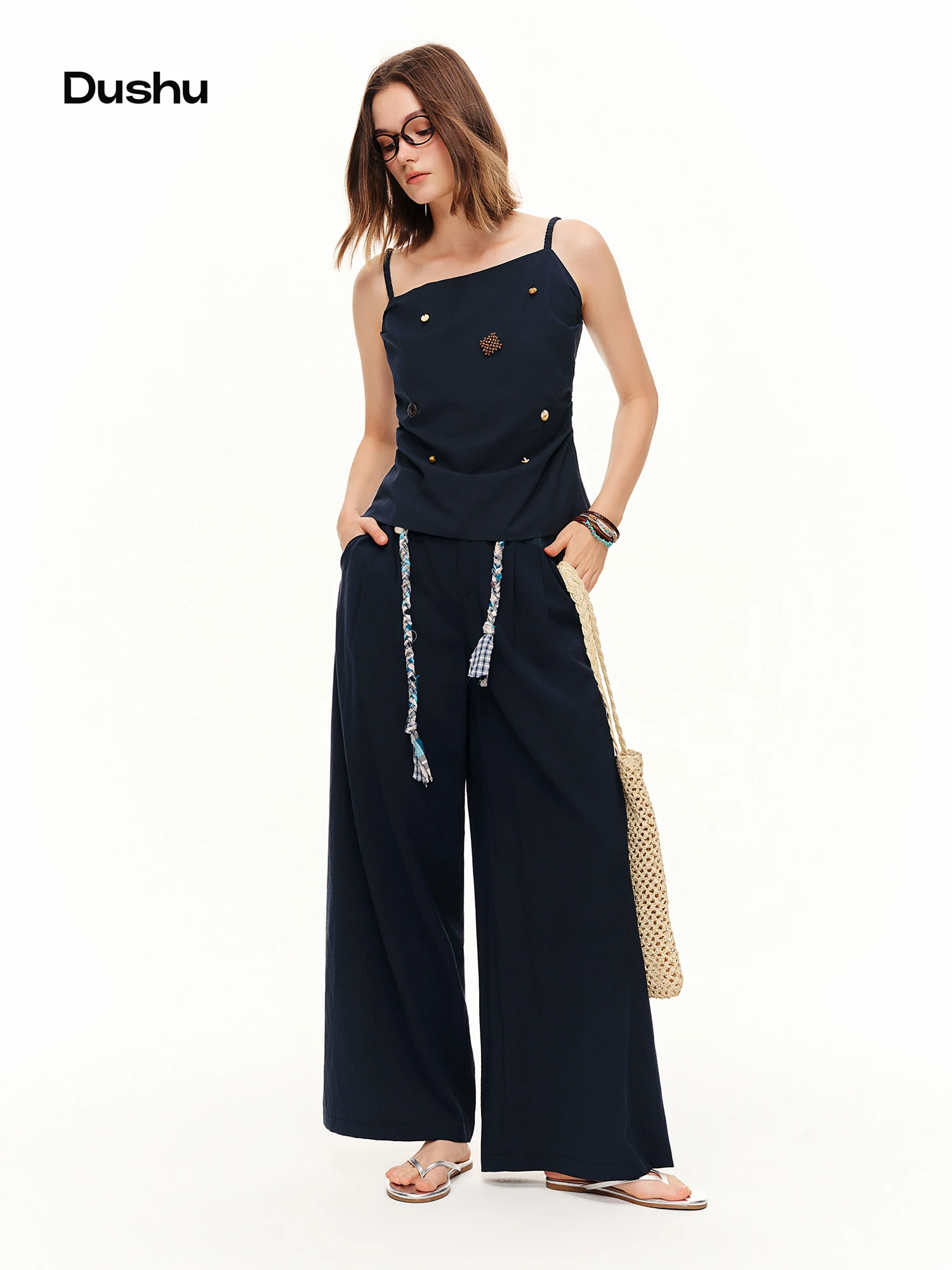 DUSHU Women Coastal Wander Leisure Fashion Outfit | 2026 Summer New French Holiday Camisole & High Waist Wide Leg Pants Set