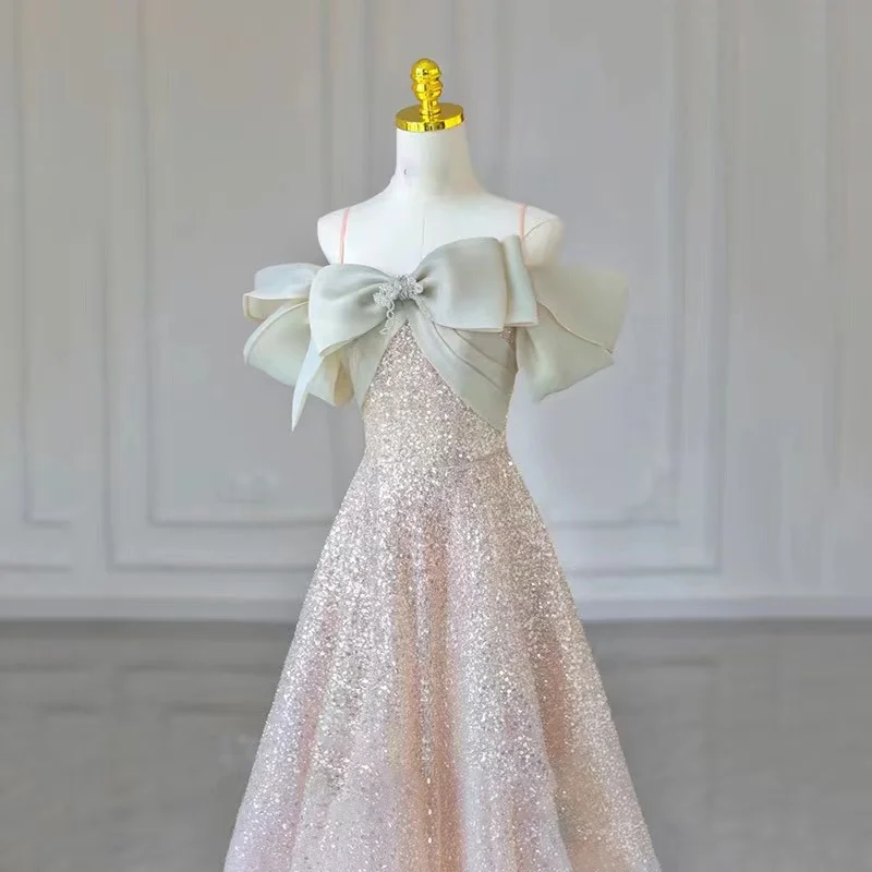 

Luxury Champagne Prom Dress Sexy Off The Shoulder Spaghetti Straps Sequin Sparkle A-Line Floor-Length Formal Party Evening Gowns