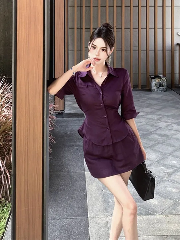

Slim Fit Purple Neck Shirt Women's Early Autumn New Style Versatile Skirt Two Piece Set Fashionable Casual Wear