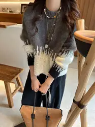 Sweater for Women 2024 New Autumn Winter Mohair Spliced O-neck Casual Long Sleeve Pullover