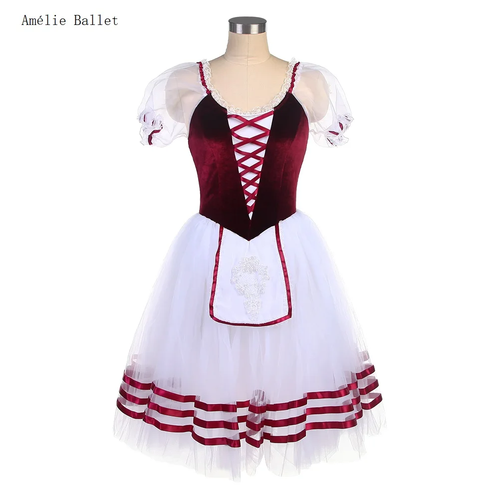 

24034 Puff Sleeves Velvet Bodice with White Romantic Length Tutu Skirt Women Girls Stage Performance Ballet Dance Costumes