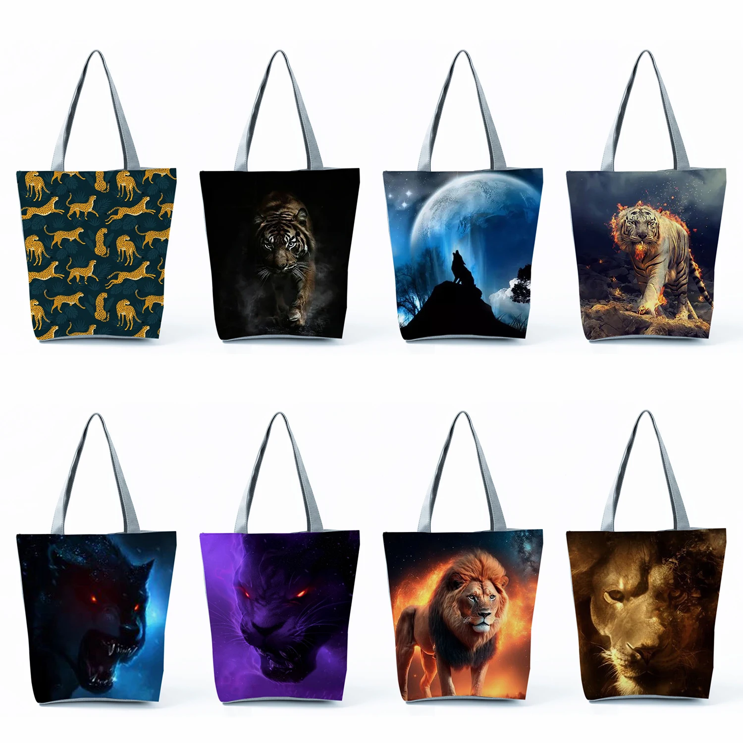 Foldable Chic Cool Style Animal Tiger Iion Handbags Groceries Shopping Bags Eco Reusable Shoulder Bag Women Travel High Capacity