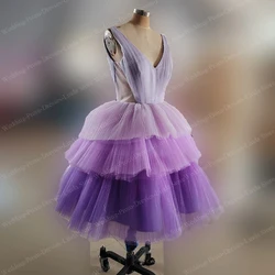 Vestido do baile em camadas feminino, vestido sem mangas, decote em v, elegante, roxo, Birthday Party, eventos especiais, meninas, 2024