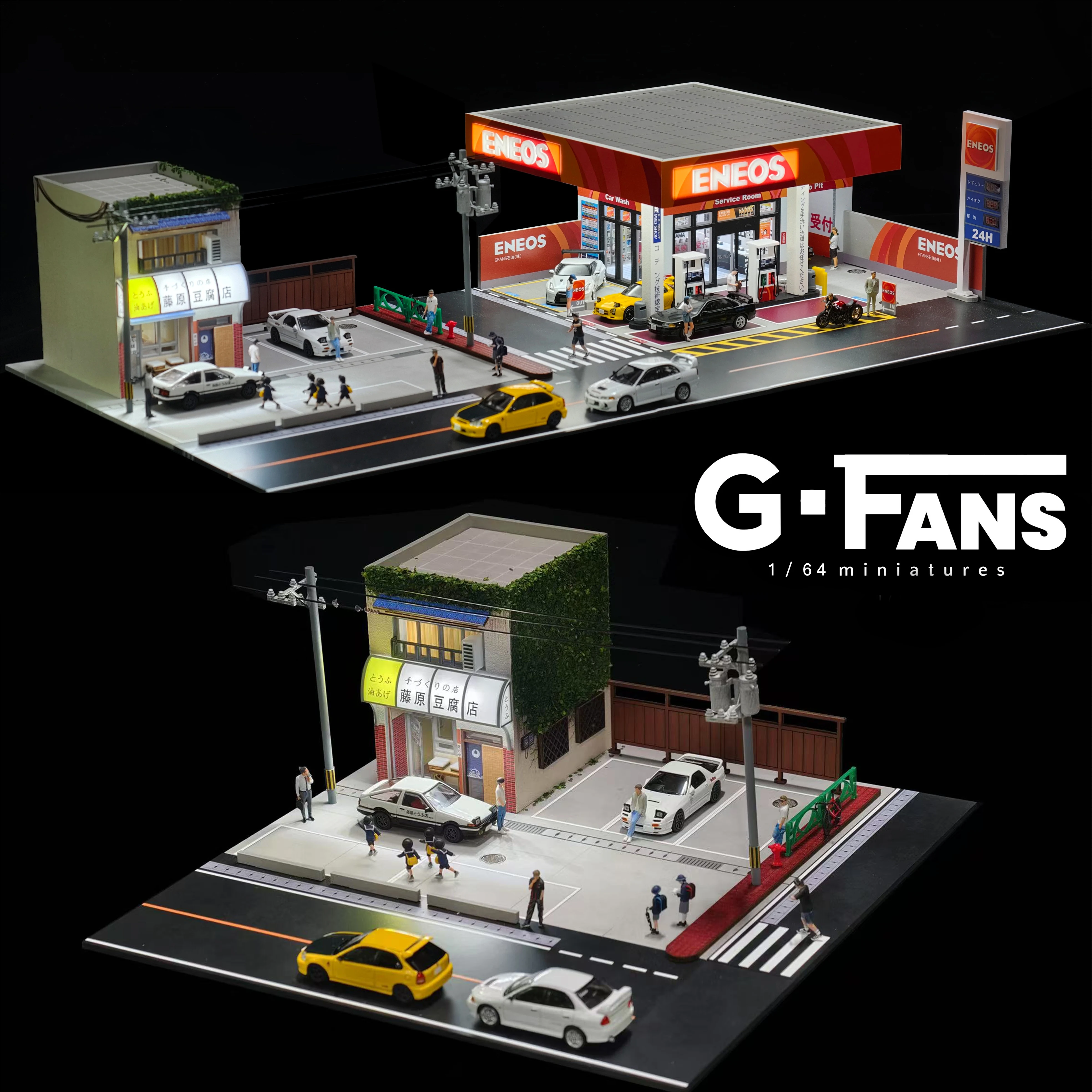 G FANS 1:64 Car Garage Models Shop Parking Building Led Diorama Building Scene Model with Lights Car Garage Diorama Scene Model