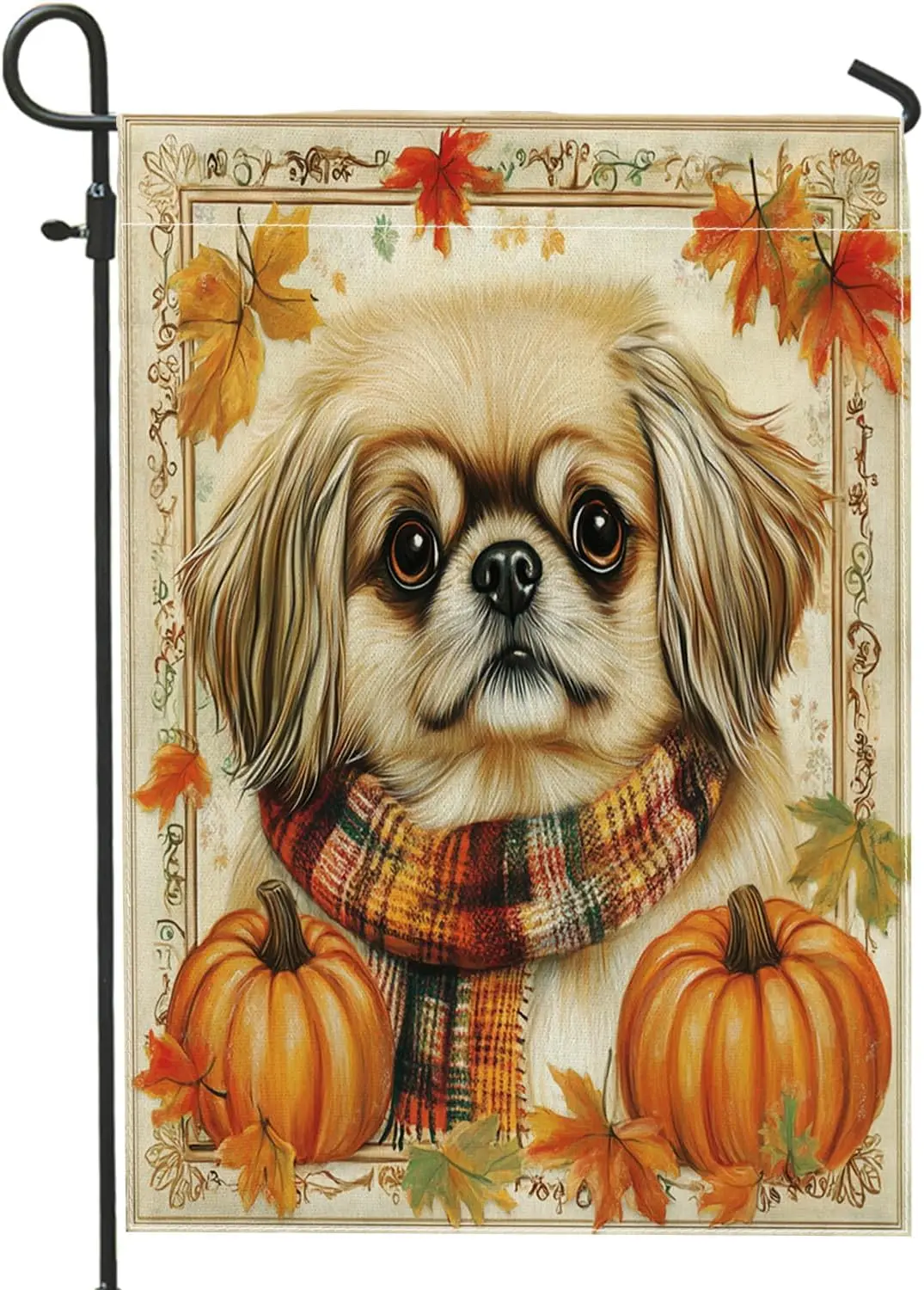 Fall Pekingese Dog Garden Flags 12x18 Inch for Outside, Autumn Vintage Puppy Standard Vertical Linen Flags for House, Pumpki yyi