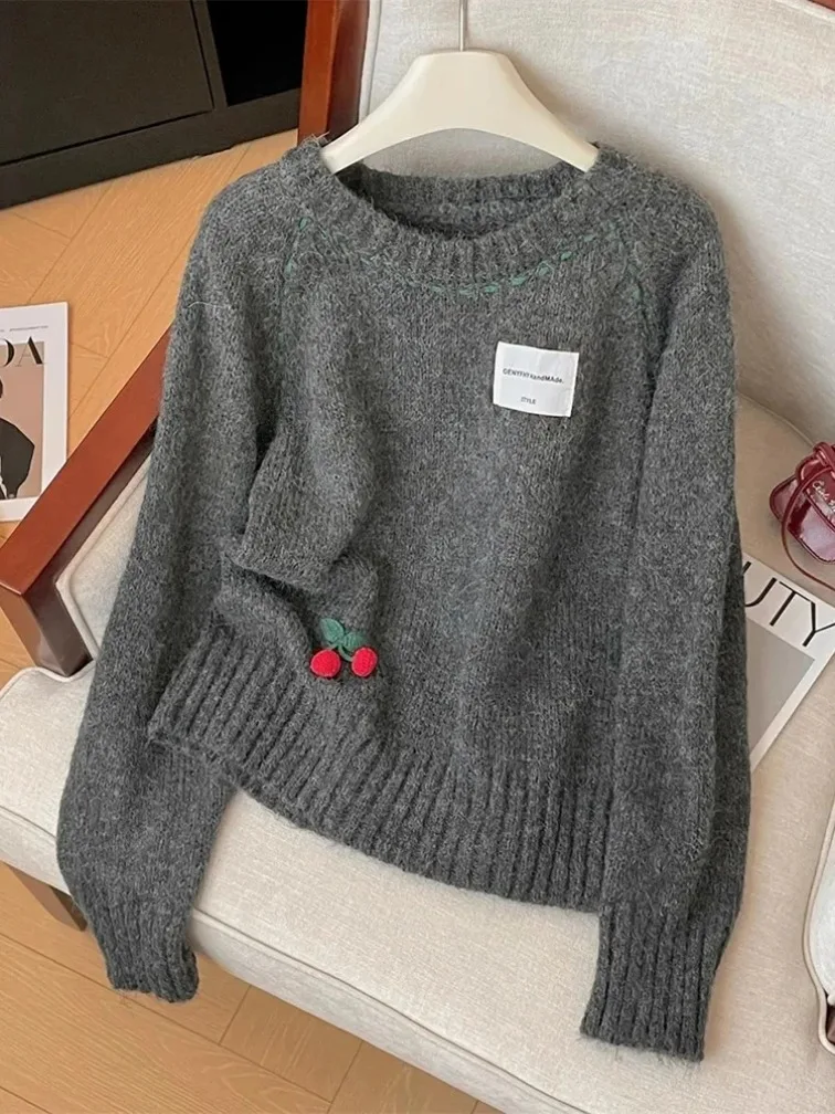 Cute 3D Cherry Sweaters Women Lazy Wind Long Sleeve Knitted Jumpers New Japan Loose O Neck Female Kawaii Sweet Pullovers Tops