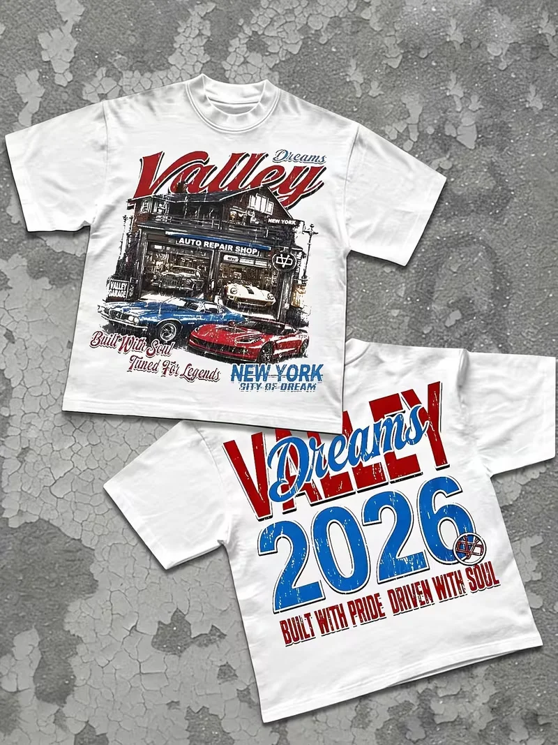 Dreams Valley Car Repair Shop Pattern Round Neck Letter Print T-Shirt Unisex Short-sleeved Retro Street Y2K Casual Tops Clothing
