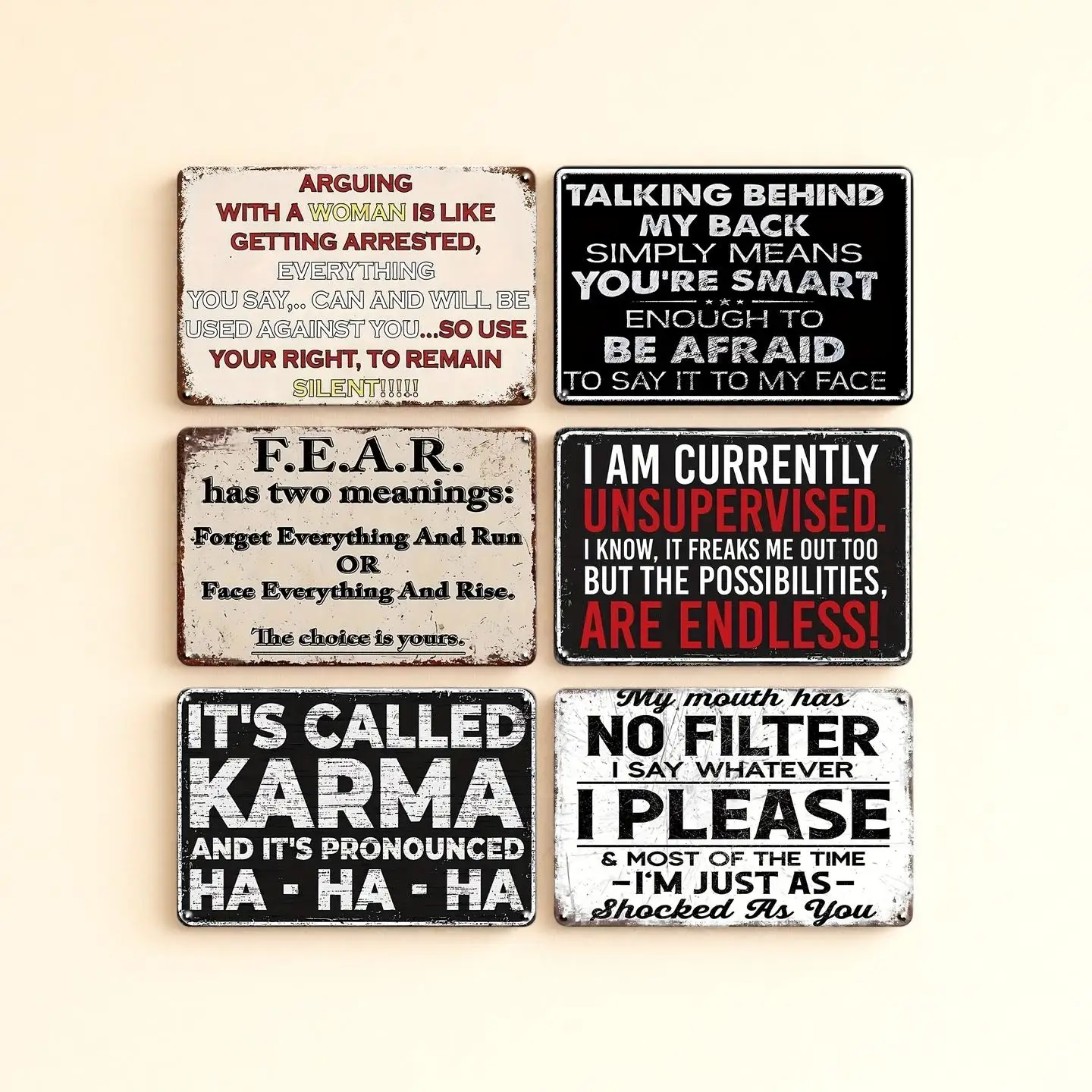 2D Flat, 6pcs Set of Fun, Satirical, and Inspirational Wooden Wall Signs - Vintage Nostalgic Humorous Motivational Quotes, Woode