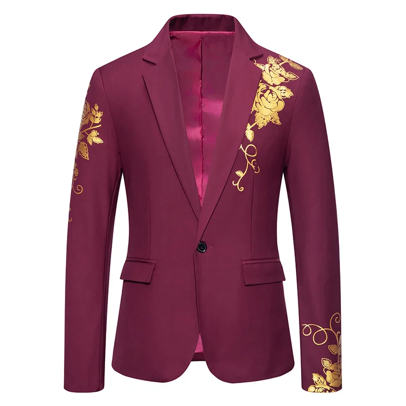 

Men's Gold Paisley Print Wine Red Dress Blazer Elegant Gentleman Wedding Tuxedo Suit Coat Fashion Party Dinner Banquet Clothing