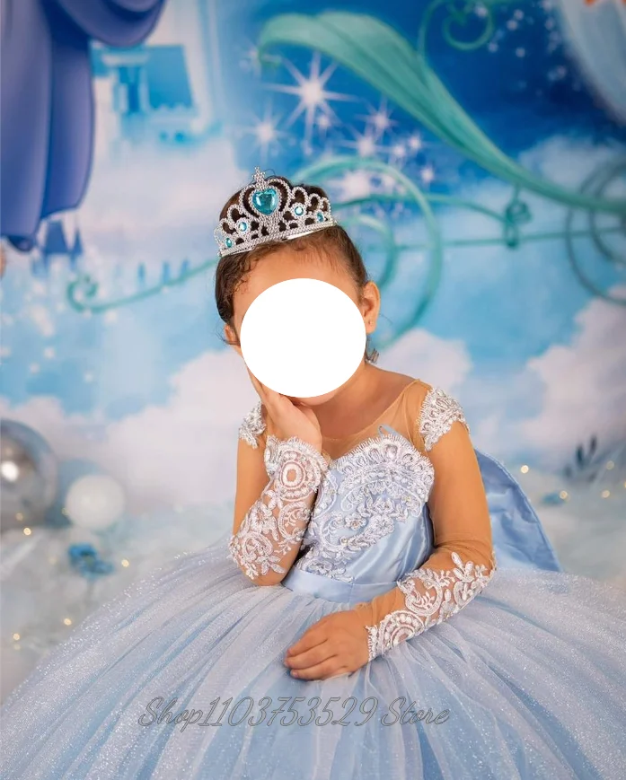 Vestido elegante de ensueño azul cielo para niña, apliques delicados, decoración de lazo de gran tamaño, Poncho plisado de tul, Mini quinceañera