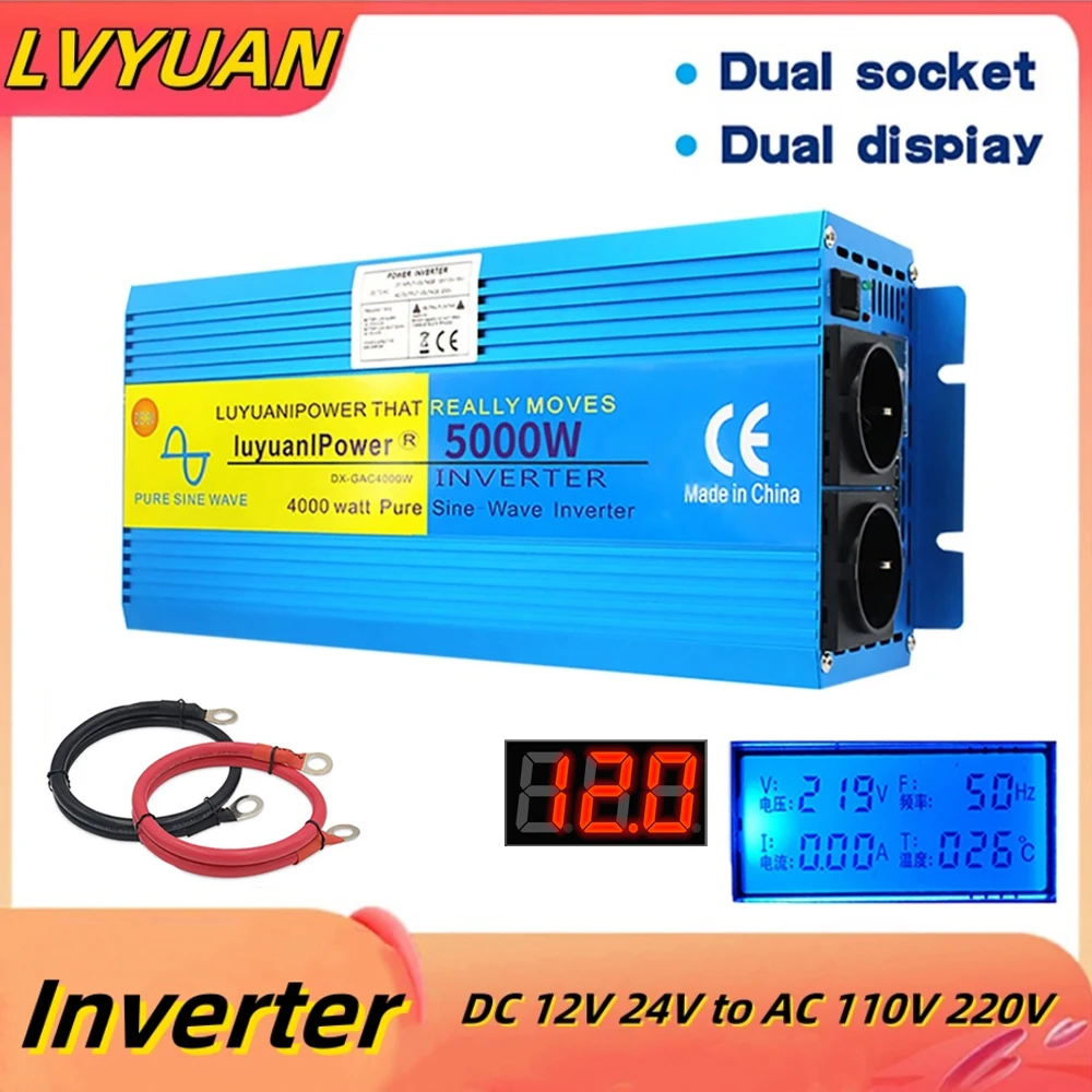 Inverter Pure Sine Wave DC 12V 24V to AC 110V 220V 5000W Peak LCD Dispaly Universal EU US Socket Transformer Car Solar Converter