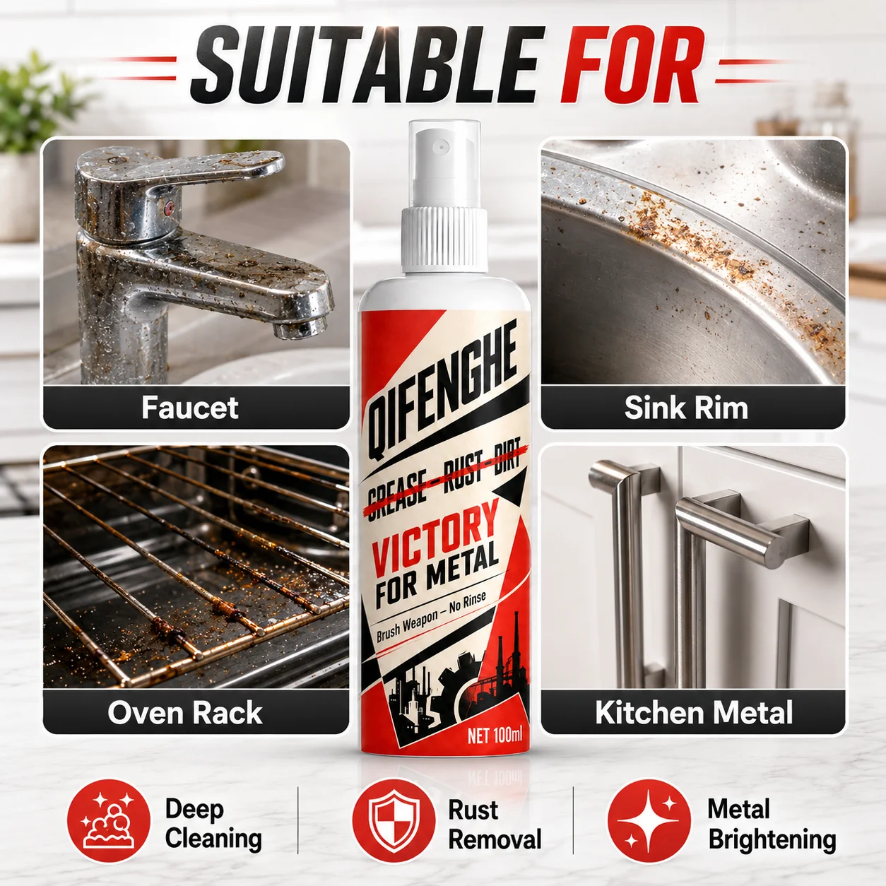 QIFENGHE Oven and Grill Cleaner 100ml, Heavy Duty Degreaser, Rust and Stain Remover, Revives Metal Surfaces, Calcium Carbonate,