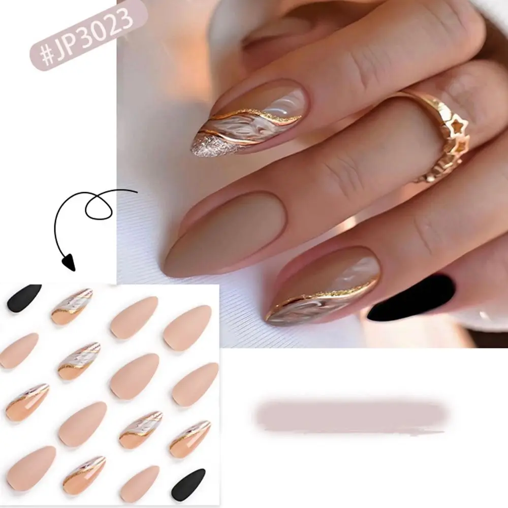 롱 아몬드 모양의 매니큐어 인조 손톱 심플 프렌치 페이크 네일 탈부착 가능한 골드 라인 프레스온 네일 여성용