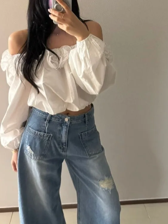 

Chic Spring Shoulder Bared One-Shoulder Slimming Shirt Women's Pure Desire Elegant Beautiful Top Trendy French Style Short Sl...