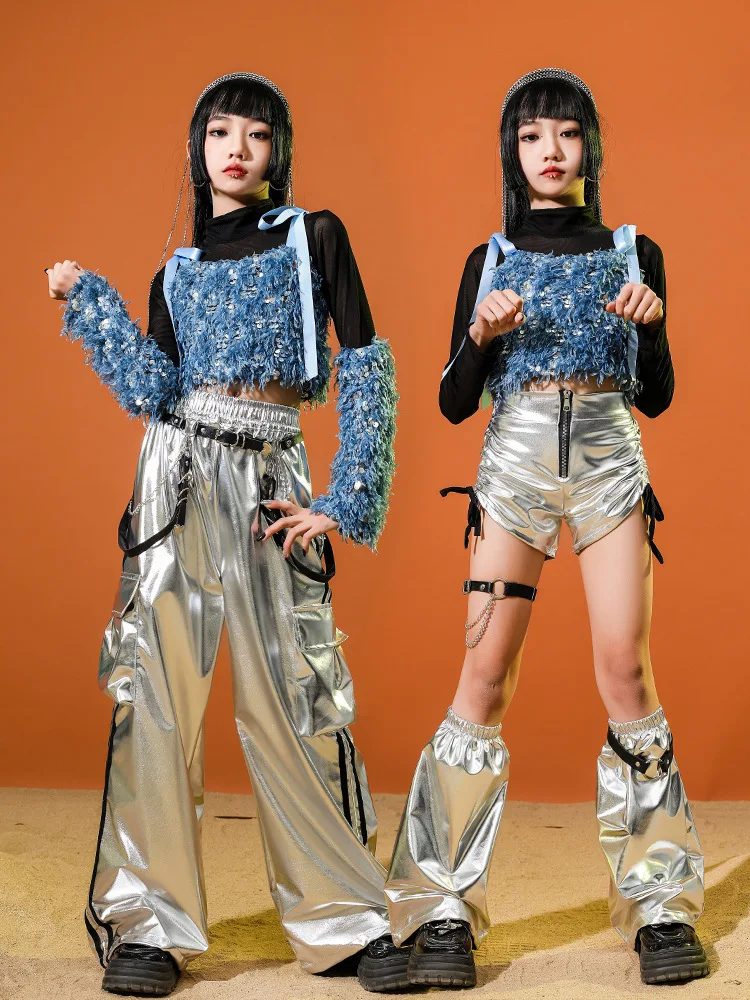 

Future Sense Kids Jazz Dance Costume Sequin Sets Girls Hip Hop Clothing Kpop Crop Tops Pants Festival Stage Outfit