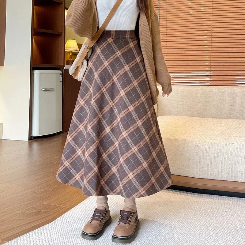 女性秋冬厚手ウールスカートヴィンテージブラウンハイウエストチェック柄スカート女性韓国ファッションストリートプリーツロングスカート